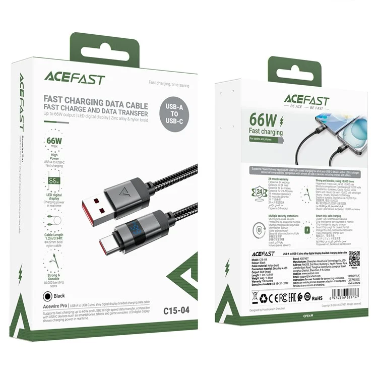 ACEFAST C15-04 1.2m USB-A to USB-C цифровой дисплейный кабель для зарядки 3A быстрая зарядка, кабель для передачи данных