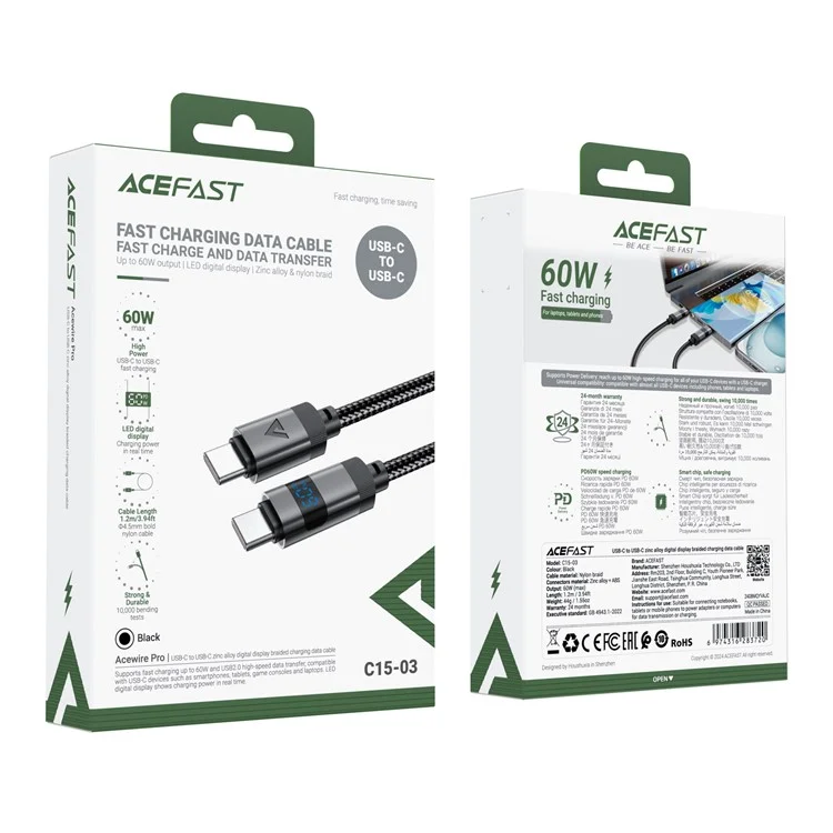 ACEFAST C15-03 1,2 m USB-C auf USB-C Ladekabel mit LED-Leistungsanzeige und geflochtener Datenkabel