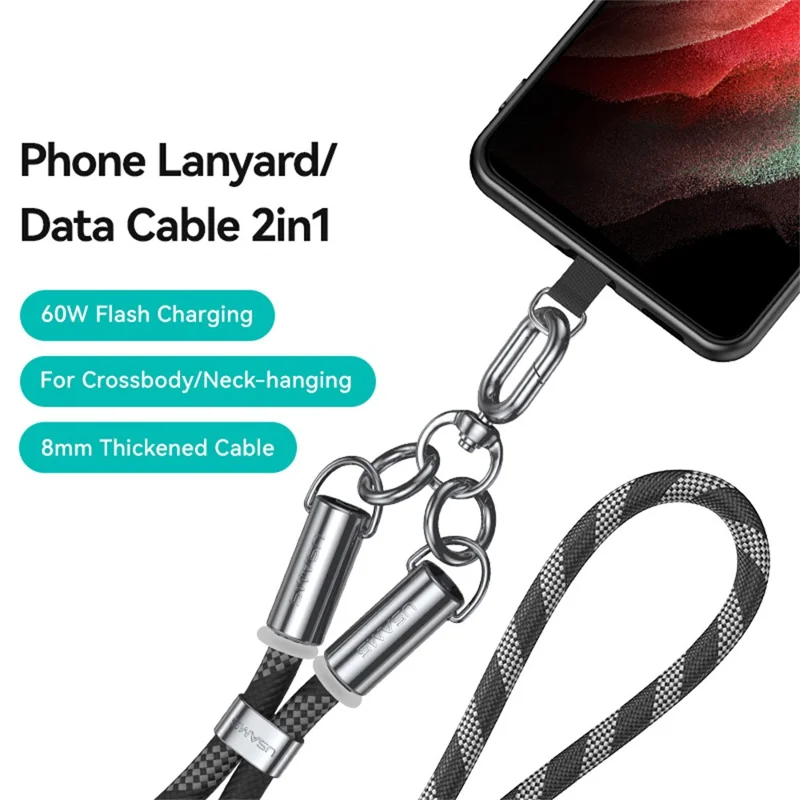 USAMS SJ745 1.2m Crossbody Phone Lanyard Type-C To Type-C 60W Charging Cable - Fluorescent Pink