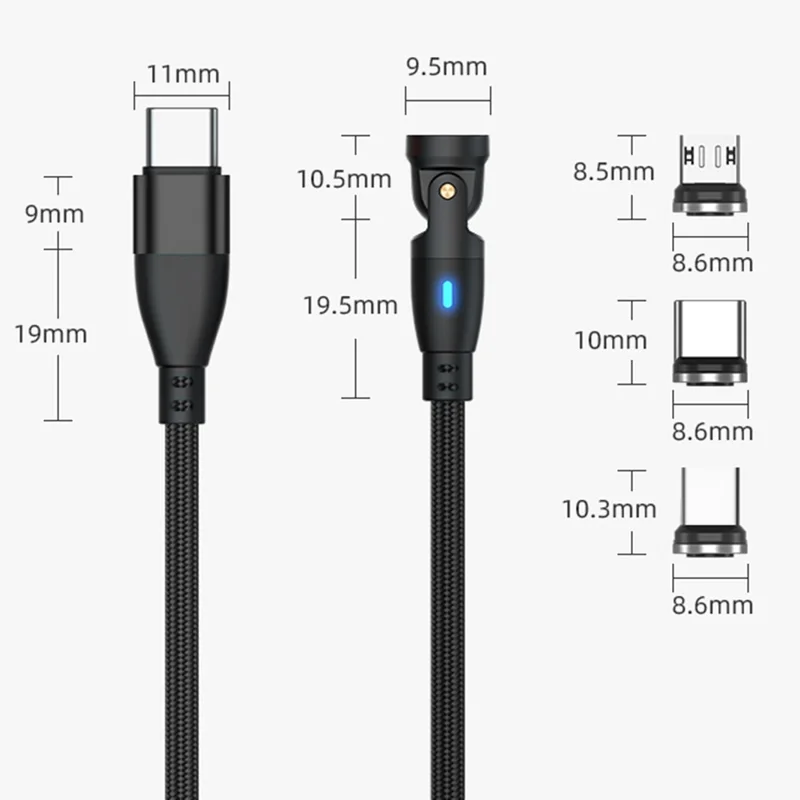Кабель магнитный для быстрой зарядки E9 1м 3-в-1 с поддержкой iP / Micro / Type-C, 540-градусным вращением и мощностью зарядки 60Вт - Черный