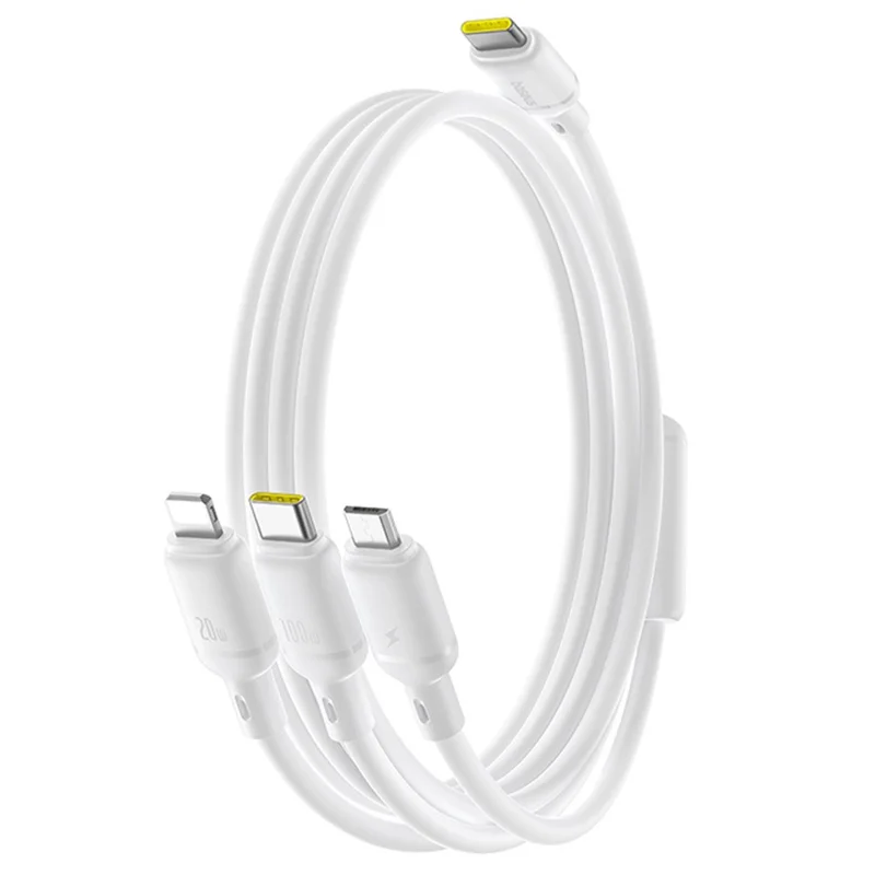 BASEUS Silky 1,5-метровый кабель для быстрой зарядки на 100 Вт с одним разъемом USB-C и тремя разъемами (Micro, iP, Type-C) - Белый