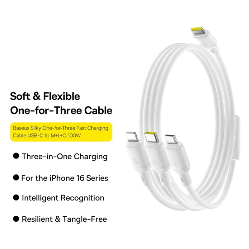 BASEUS Silky 1,5-метровый кабель для быстрой зарядки на 100 Вт с одним разъемом USB-C и тремя разъемами (Micro, iP, Type-C) - Белый