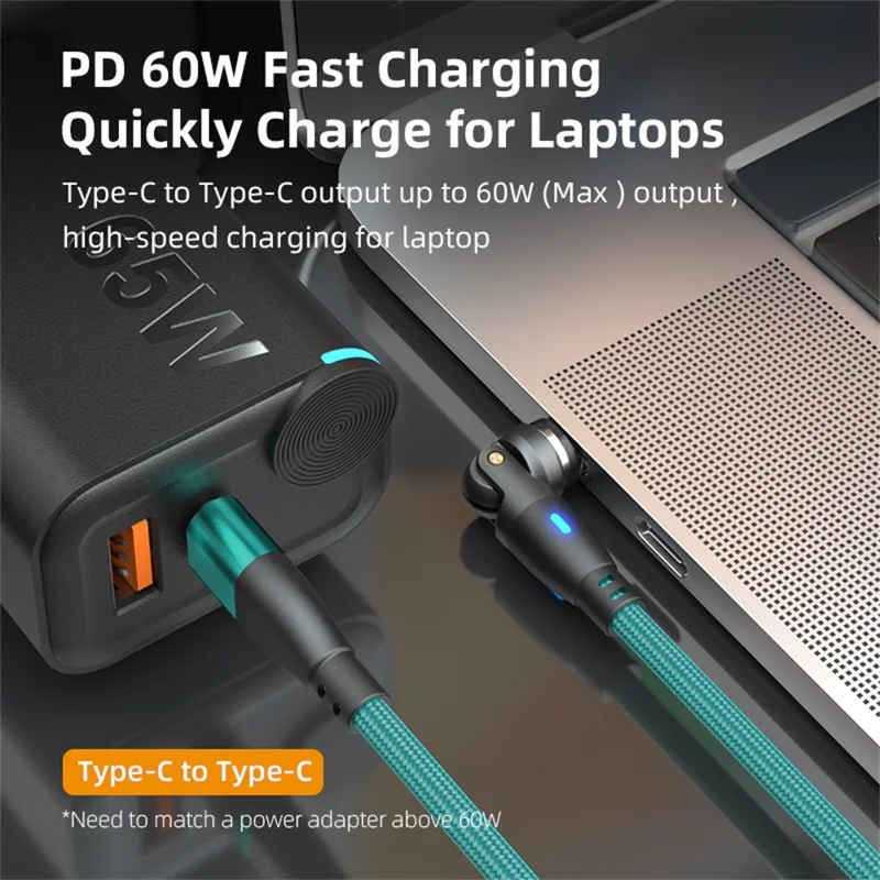 E9 1m USB-C 60W 9-Pin Magnetic Charging Cable 540° Rotation Nylon Braided Data Cable - Green