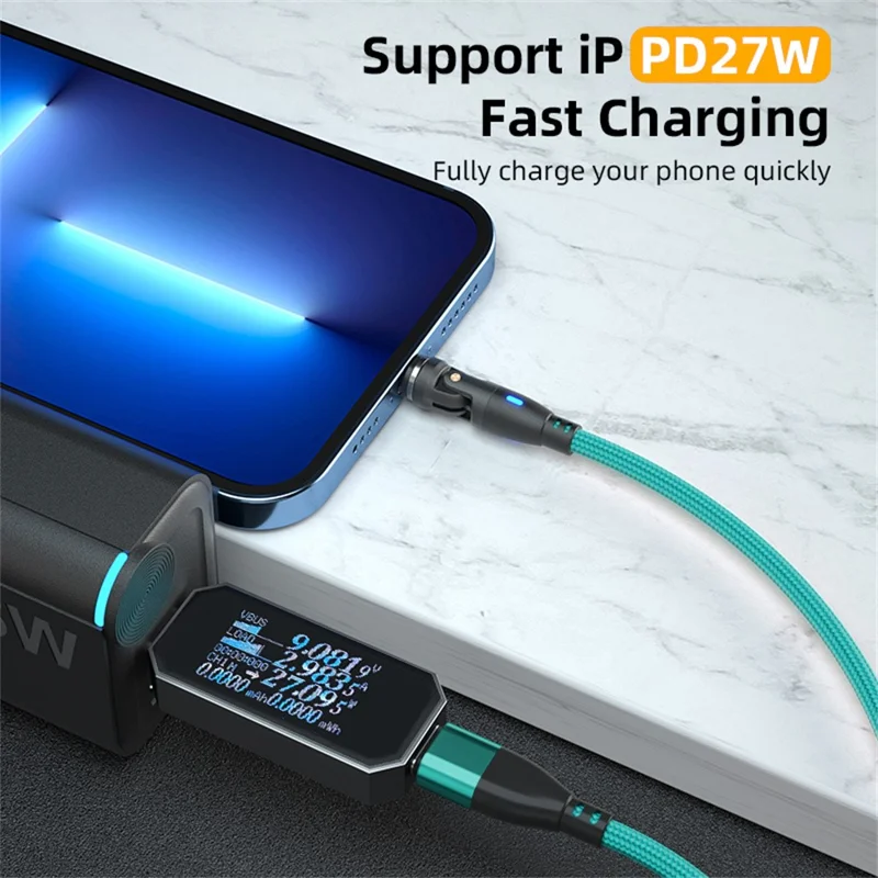 E9 1m USB-C 60W 9-Pin Magnetic Charging Cable 540° Rotation Nylon Braided Data Cable - Green