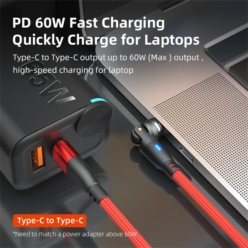 E9 2m USB-C to USB-C 60W 9-Pin Magnetic Charging Cable 540-Degree Rotation Nylon Braided Data Cable - Red