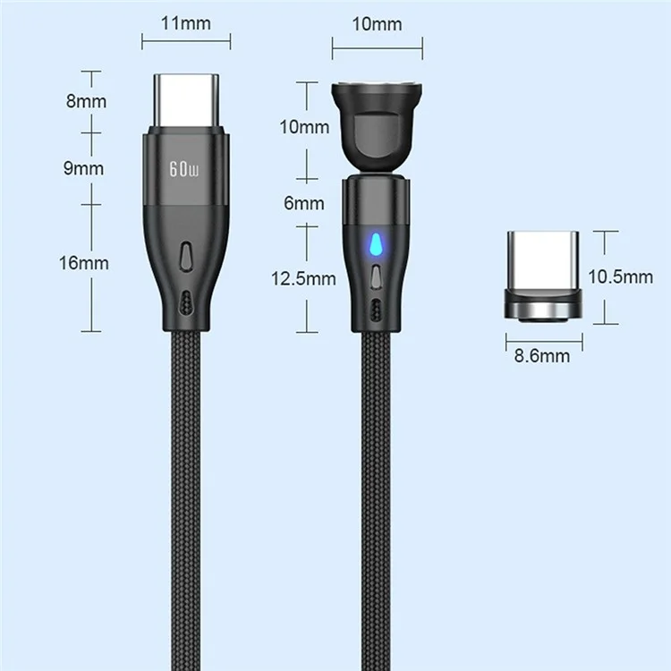 E7 2m USB-C to USB-C 60W 7-Pin Magnetic Charging Cable 540-Degree Rotation Nylon Braided Data Cable - Black