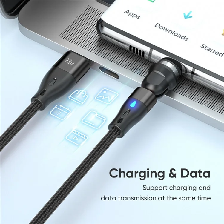 E7 2m USB-C to USB-C 60W 7-Pin Magnetic Charging Cable 540-Degree Rotation Nylon Braided Data Cable - Black