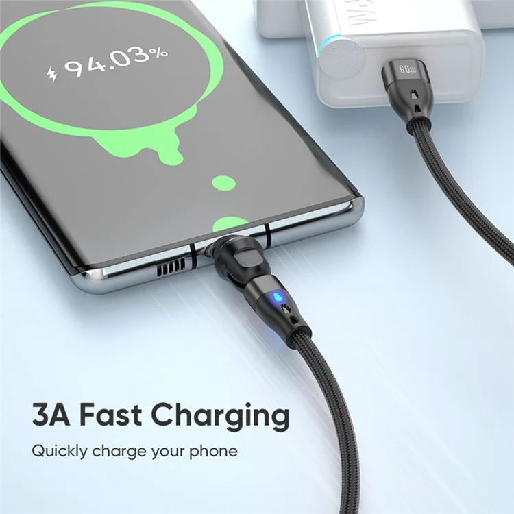 E7 2m USB-C to USB-C 60W 7-Pin Magnetic Charging Cable 540-Degree Rotation Nylon Braided Data Cable - Black