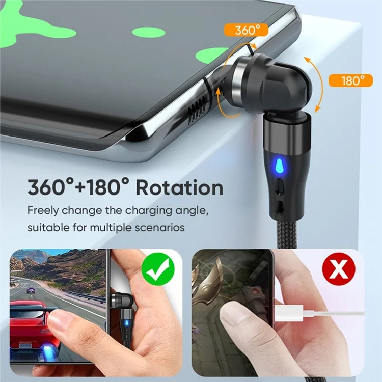 E7 2m USB-C to USB-C 60W 7-Pin Magnetic Charging Cable 540-Degree Rotation Nylon Braided Data Cable - Black