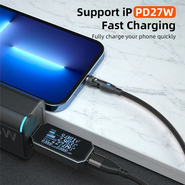 E9 1m USB-C to 8-Pin Charging Cable 9-Pin Magnetic 540-Degree Rotation Nylon Braided Data Cable - Black
