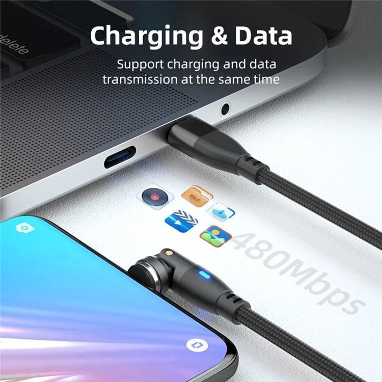 E9 1m USB-C to 8-Pin Charging Cable 9-Pin Magnetic 540-Degree Rotation Nylon Braided Data Cable - Black