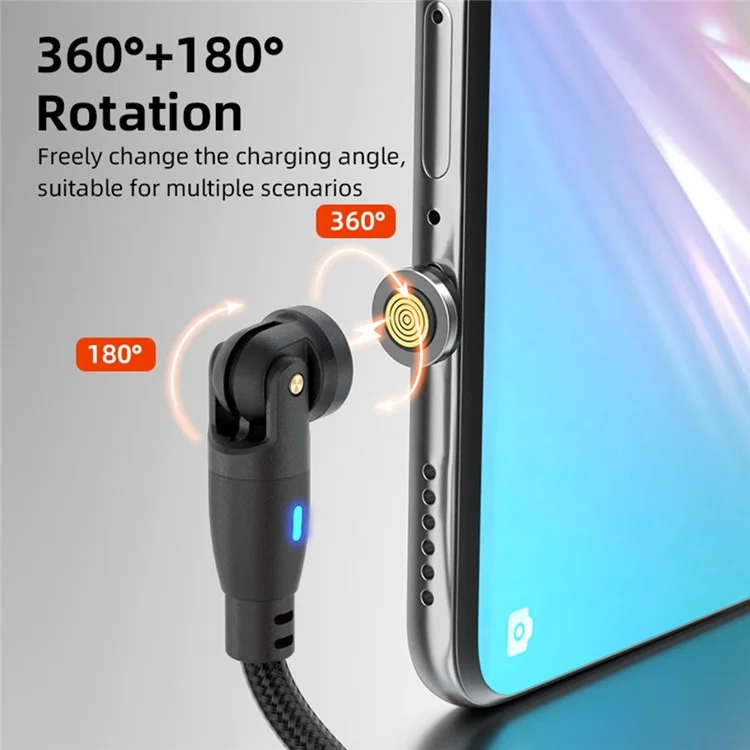 E9 1m USB-C to 8-Pin Charging Cable 9-Pin Magnetic 540-Degree Rotation Nylon Braided Data Cable - Black