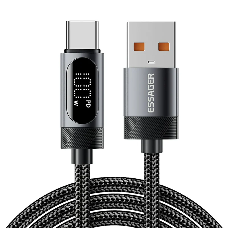 ESSAGER 2m USB to Type-C 7A Fast Charging Cable Data Sync Digital Display Braided Cord