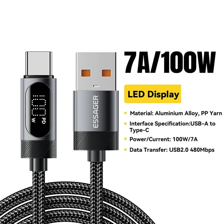 ESSAGER 2m USB to Type-C 7A Fast Charging Cable Data Sync Digital Display Braided Cord