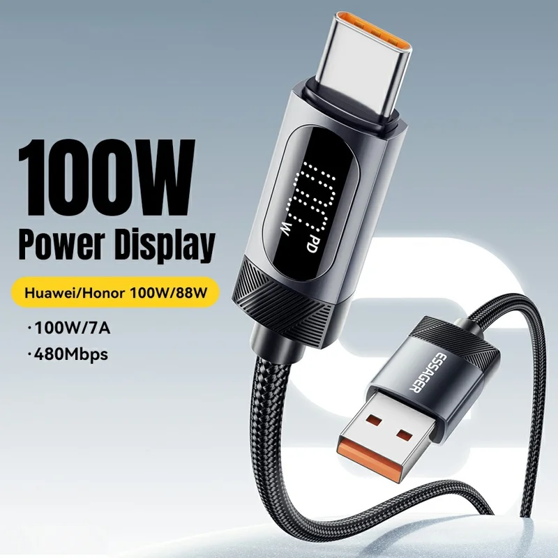 ESSAGER 2m USB to Type-C 7A Fast Charging Cable Data Sync Digital Display Braided Cord