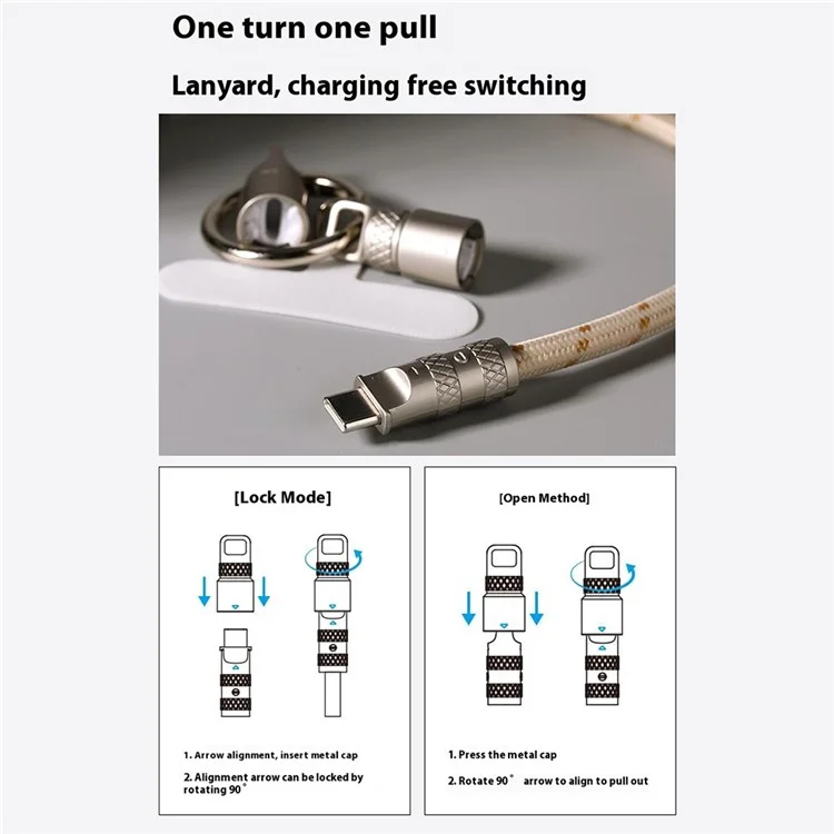 ROCK 30cm Telefonband Typ-C auf Typ-C Kabel 60W Schnellladung Zinklegierung Datenkabel - Beige