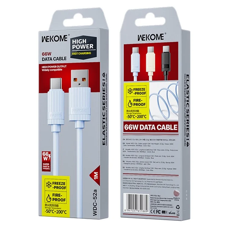 Кабель WEKOME WDC-52a USB Type-C 66 Вт 480 Мбит/с с эластичным жидким силиконовым покрытием для быстрой зарядки и передачи данных - синий