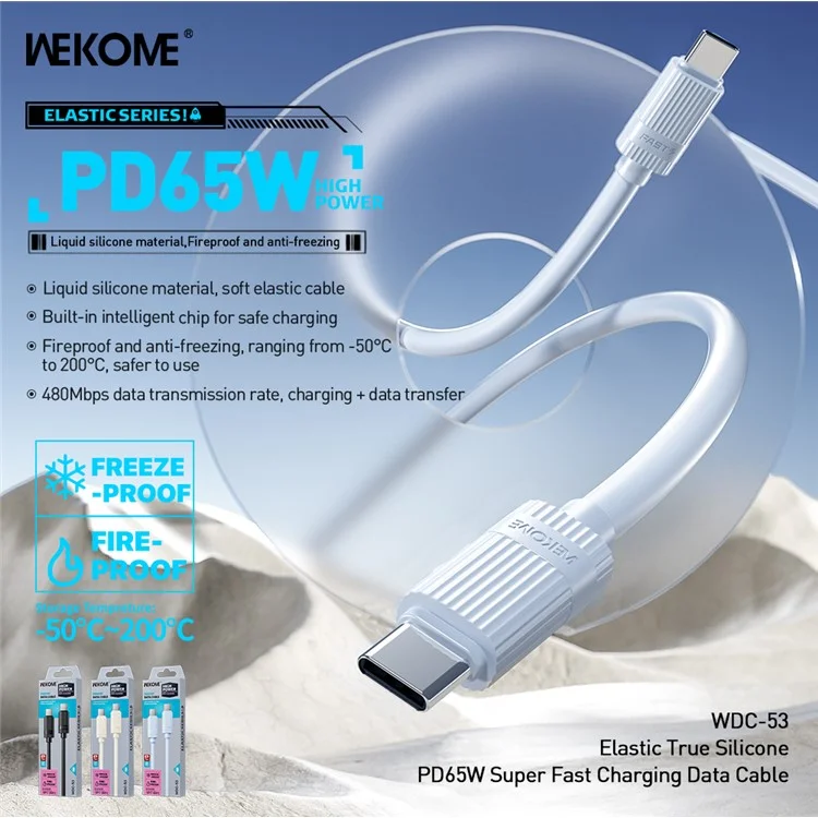 WEKOME WDC-53 Type-C to Type-C Cable PD65W 480Mbps Elastic Liquid Silicone Fast Charging Data Cable - Blue