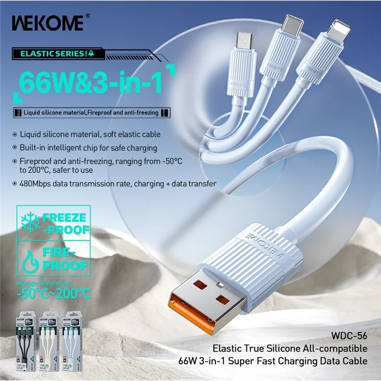 WEKOME WDC-56 3 In 1 Cable 66W 480Mbps Elastic Liquid Silicone Fast Charging Data Cable - Blue