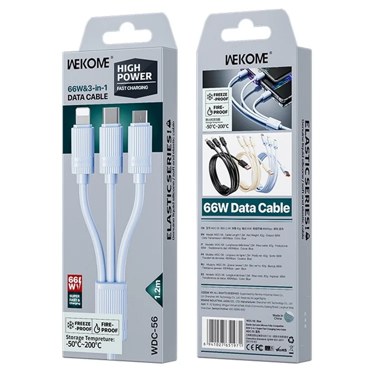 WEKOME WDC-56 3 In 1 Cable 66W 480Mbps Elastic Liquid Silicone Fast Charging Data Cable - Blue