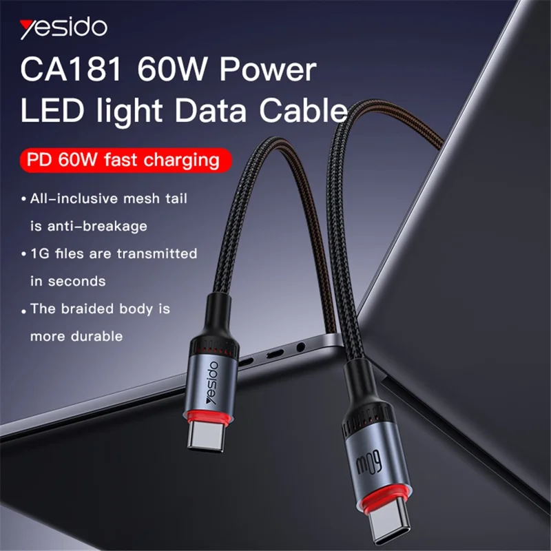 YESIDO CA181 1.2m USB C to USB C 60W Fast Charging Cable Aluminum Alloy Shell Data Cord