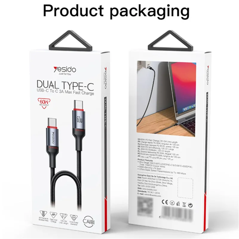 YESIDO CA181 1.2m USB C to USB C 60W Fast Charging Cable Aluminum Alloy Shell Data Cord