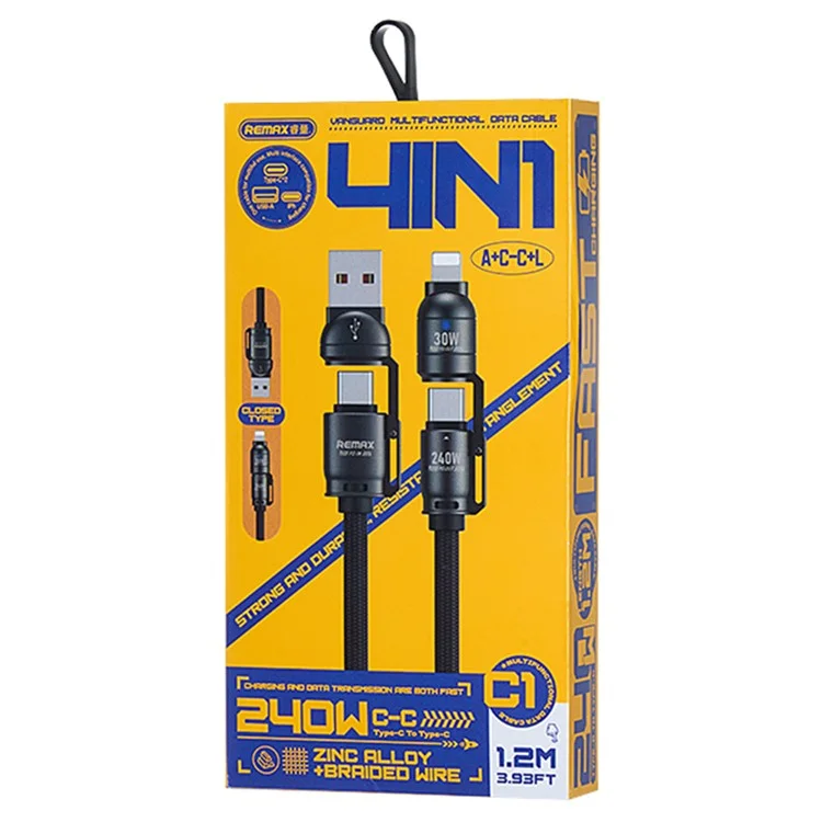 REMAX C1 240W 4 in 1 Multi-Charging Cable 1.2m / 3.9ft L Port / Type-C / USB-A Fast Charging Cord for Tablets / Phones