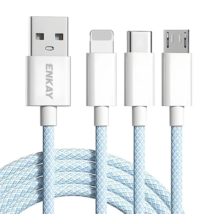 ENKAY Cable de datos trenzado de 1 m, 3 en 1, USB a IP/Tipo-C/Micro USB, carga de 60 W - Azul