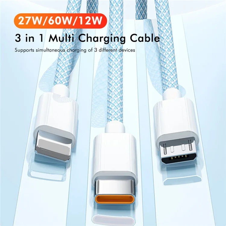 ENKAY Cable de carga y datos trenzado USB a Ip / Type-C / Micro USB de 60 W y 2 m - Azul
