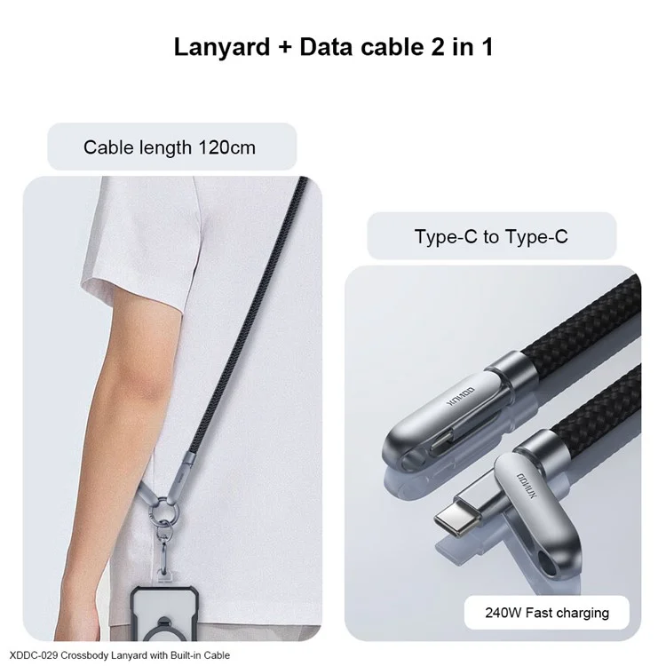 XUNDD XDDC-029 1.2m Crossbody Phone Lanyard 240W Charging Cable Type-C to Type-C Braided Cord - White