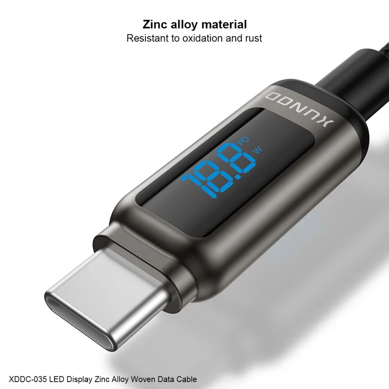 XUNDD XDDC-035 1m USB-C to USB-C Cable 60W Fast Charging Zinc Alloy Digital Display Braided Data Cord