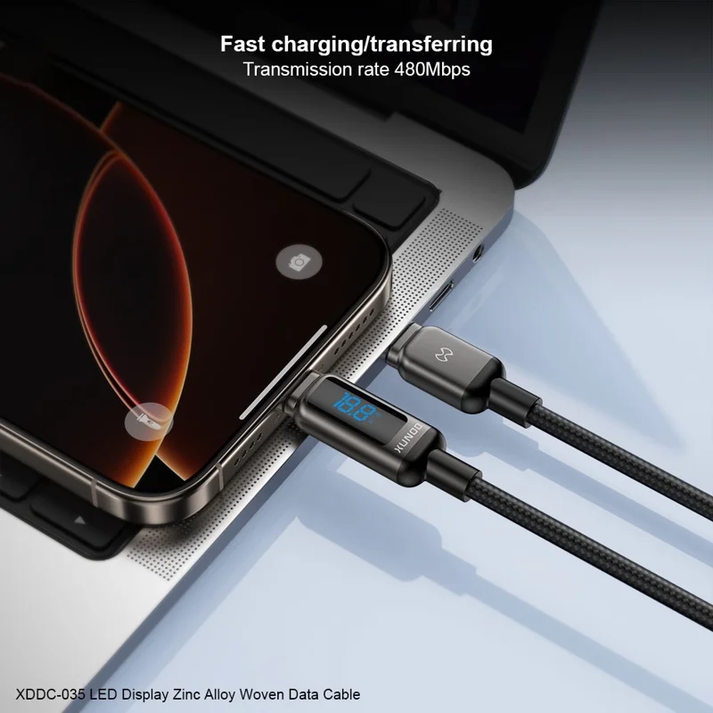 XUNDD XDDC-035 1m USB-C to USB-C Cable 60W Fast Charging Zinc Alloy Digital Display Braided Data Cord