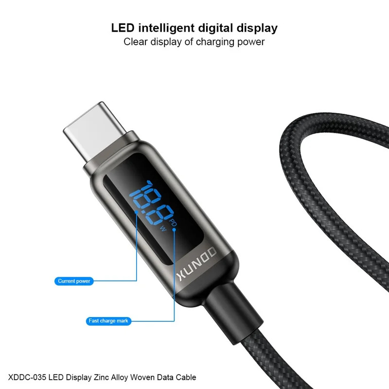 XUNDD XDDC-035 1m USB-C to USB-C Cable 60W Fast Charging Zinc Alloy Digital Display Braided Data Cord
