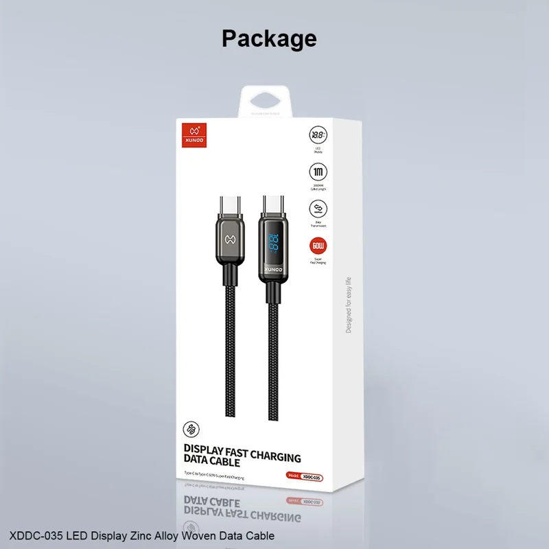 XUNDD XDDC-035 1m USB-C to USB-C Cable 60W Fast Charging Zinc Alloy Digital Display Braided Data Cord