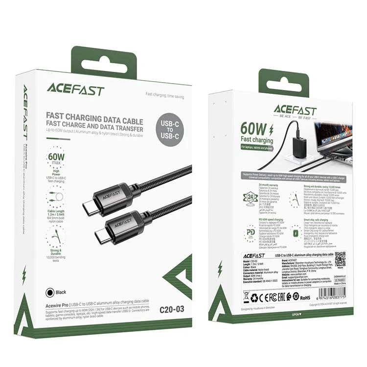 ACEFAST C20-03 60W Schnellladekabel USB C zu USB C, geflochten, für Laptops und Smartphones
