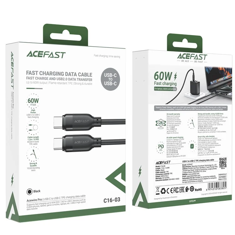 Cable ACEFAST C16-03 de USB-C a USB-C, funda de TPE para carga y datos, 1,2 m, cable de carga rápida de 60 W para portátil / teléfono