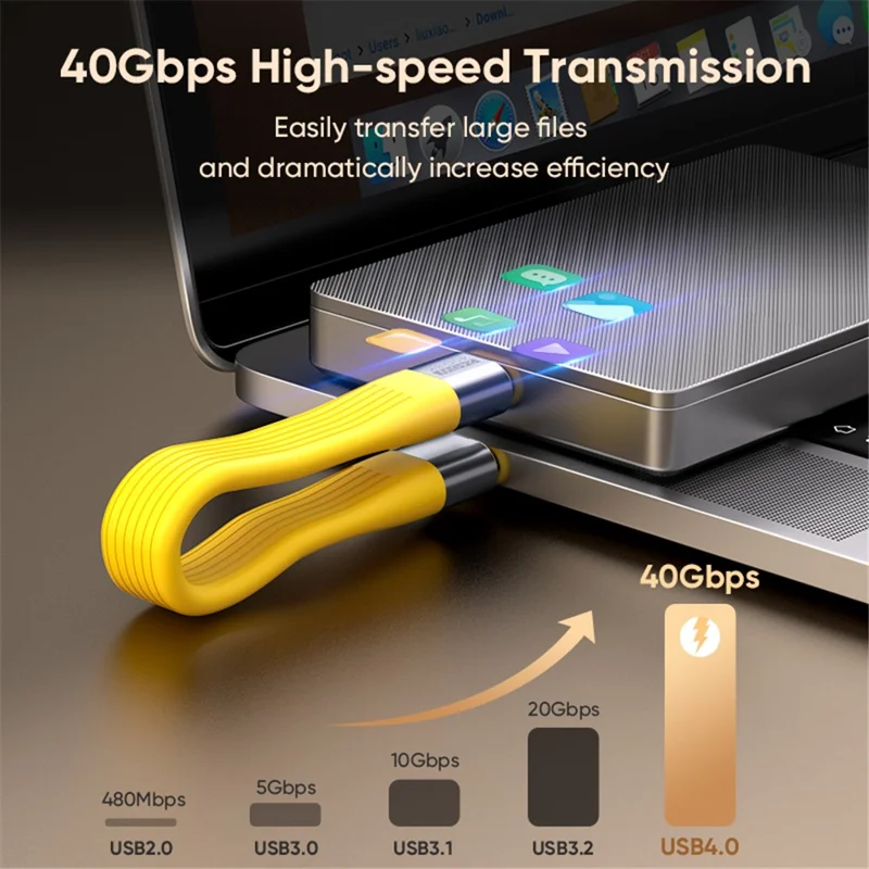 Type C to Type C  PD 240W Fast Charging 8K 60Hz Keychain Wire USB 4.0 Flexible Data Cable - Yellow