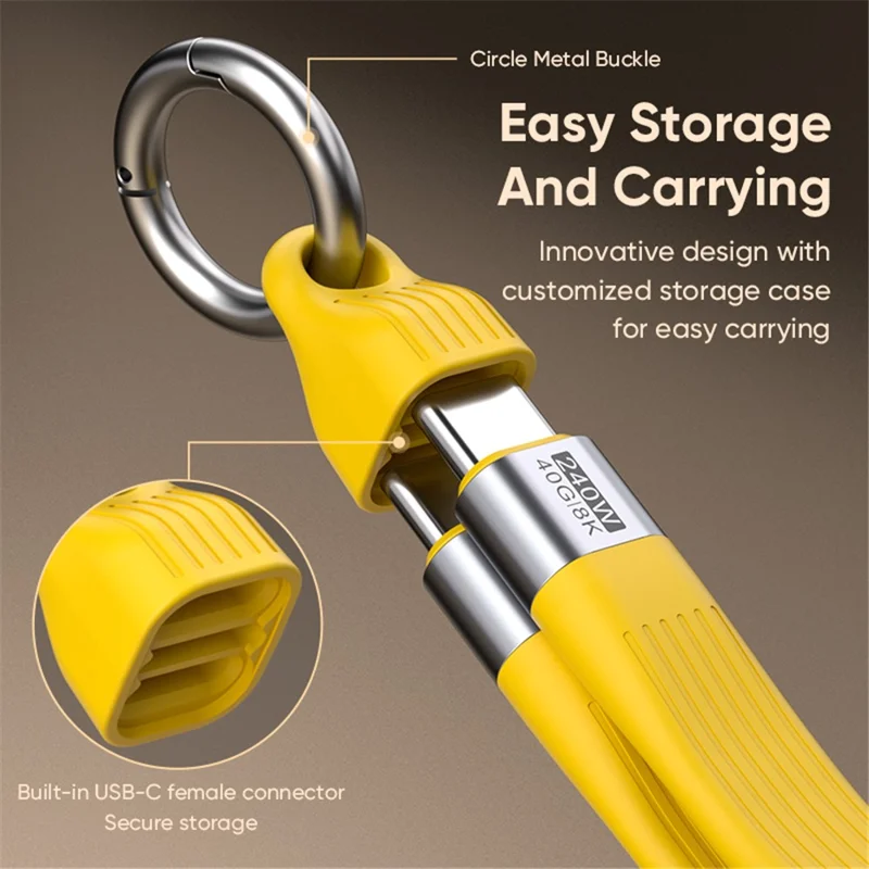 Type C to Type C  PD 240W Fast Charging 8K 60Hz Keychain Wire USB 4.0 Flexible Data Cable - Yellow