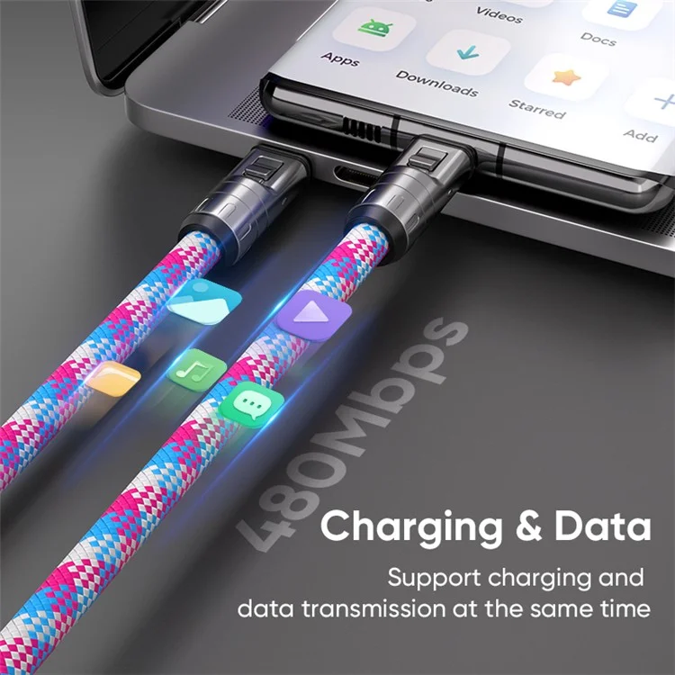 Type-C to Type-C 240W PD Super Fast Charging Cable Phone Lanyard 2 in 1 Data Cord 1.2m with Tether Tab - Blue