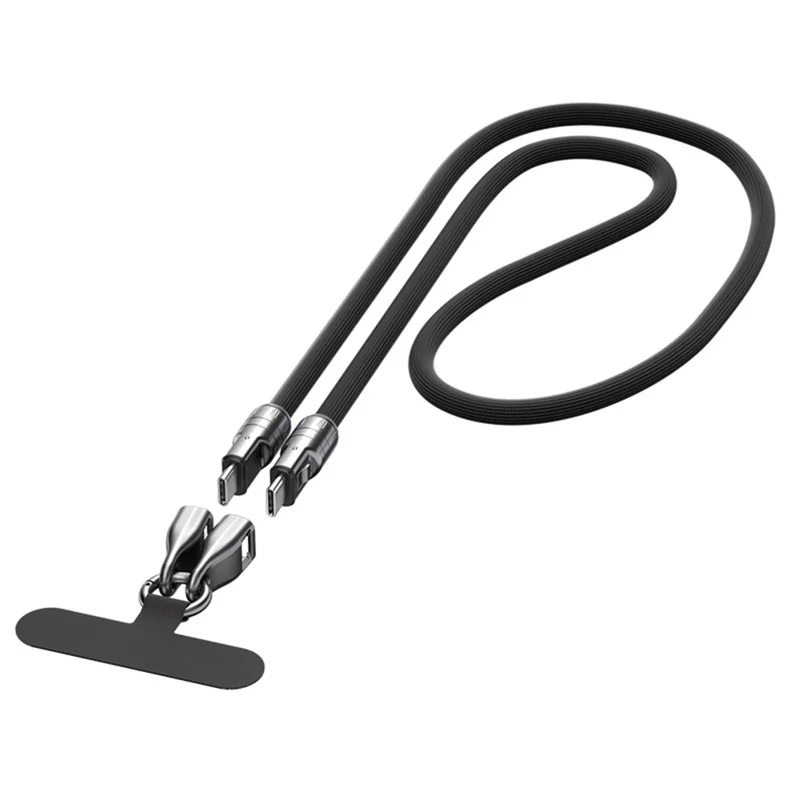 Type-C to Type-C 240W PD Super Fast Charging Cable Phone Lanyard 2 in 1 Data Cord 1.2m with Tether Tab Detachable Design - Black