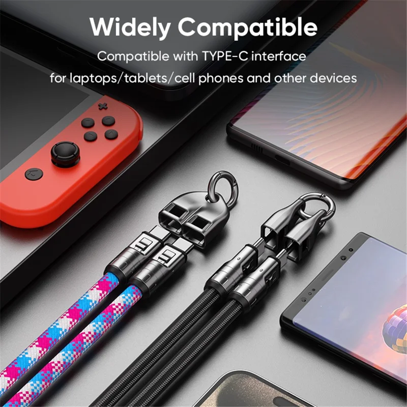 Type-C to Type-C 240W PD Super Fast Charging Cable Phone Lanyard 2 in 1 Data Cord 1.2m with Tether Tab Detachable Design - Black