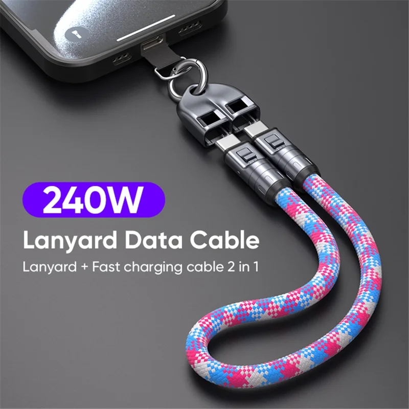 Type-C to Type-C 240W PD Super Fast Charging Cable Phone Lanyard 2 in 1 Data Cord 1.2m with Tether Tab Detachable Design - Black