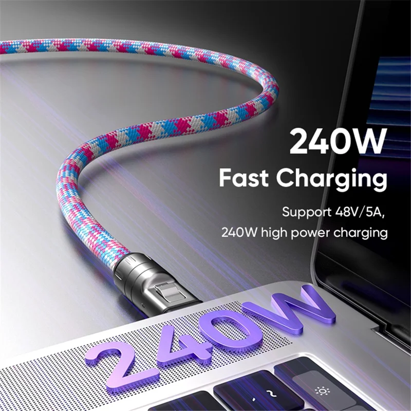 Type-C to Type-C 240W PD Super Fast Charging Cable Phone Lanyard 2 in 1 Data Cord 1.2m with Tether Tab Detachable Design - Black