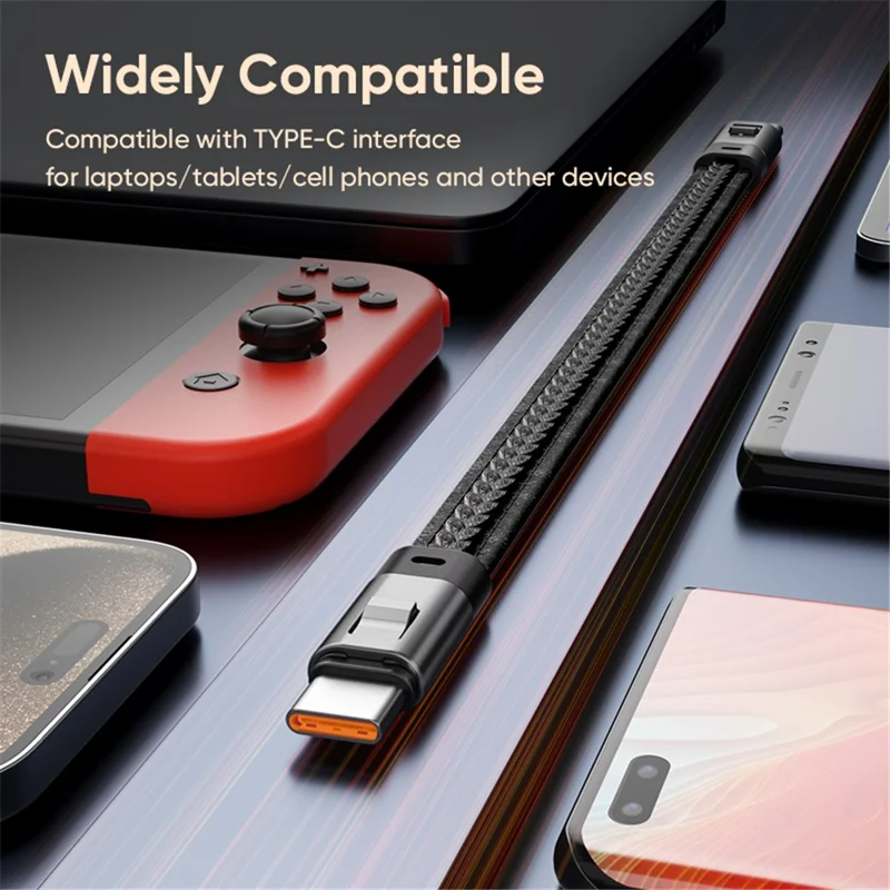 0.22m Type-C to Type-C Keychain Lanyard 2 in 1 Fast Charging Cable Strap PD 240W Super Quick Charge - Black