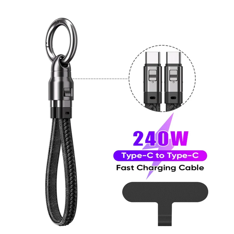 0.22m Type-C to Type-C Keychain Lanyard 2 in 1 Fast Charging Cable Strap PD 240W Super Quick Charge - Black