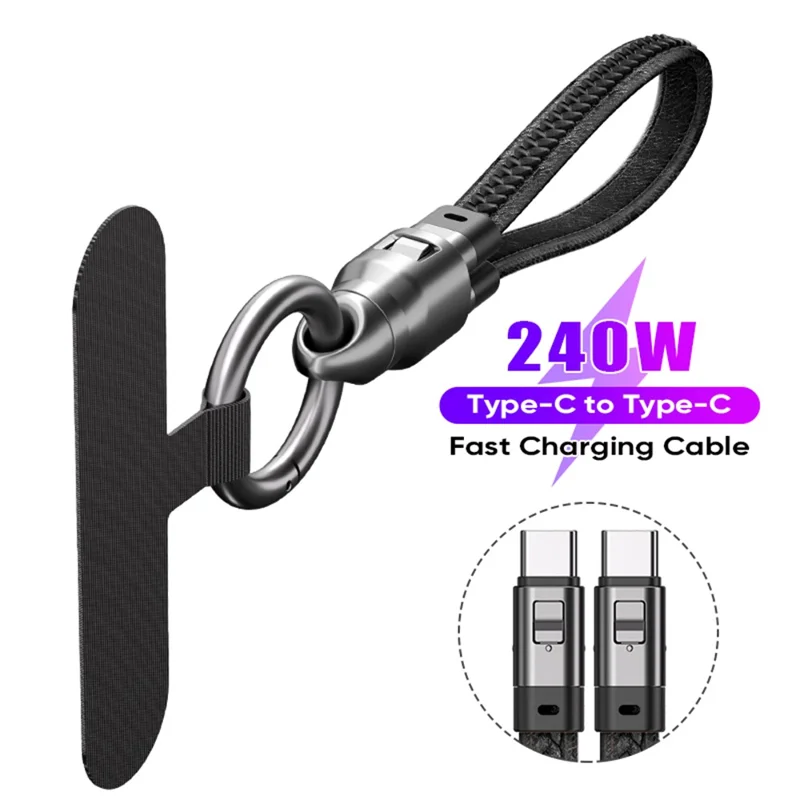 0.22m Type-C to Type-C Keychain Lanyard 2 in 1 Fast Charging Cable Strap PD 240W Super Quick Charge - Black