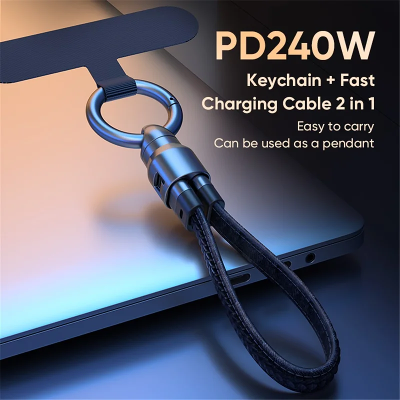 0.22m Type-C to Type-C Keychain Lanyard 2 in 1 Fast Charging Cable Strap PD 240W Super Quick Charge - Black