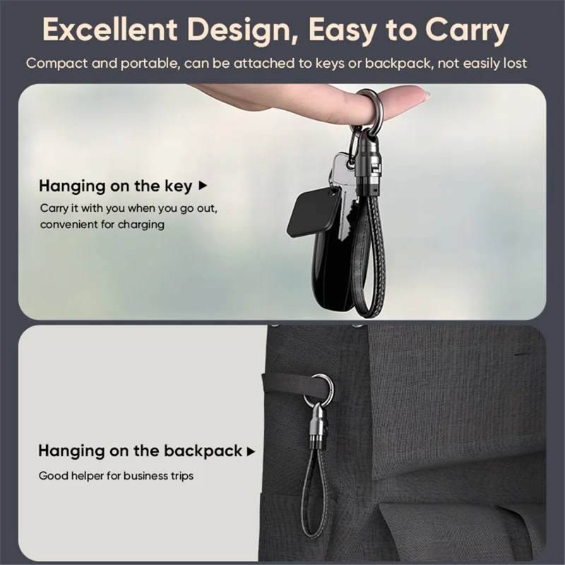 0.22m Type-C to Type-C Keychain Lanyard 2 in 1 Fast Charging Cable Strap PD 240W Super Quick Charge - Black