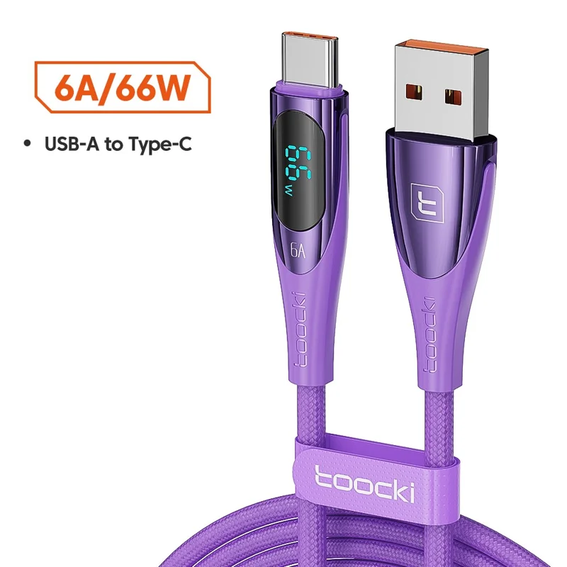 TOOCKI TQ-X34 1m USB A to Type C Braided Wire Smart Display 6A Fast Charging Data Cable - Purple