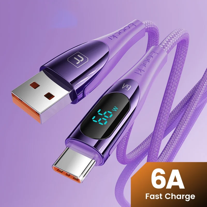 TOOCKI TQ-X34 1m USB A to Type C Braided Wire Smart Display 6A Fast Charging Data Cable - Purple